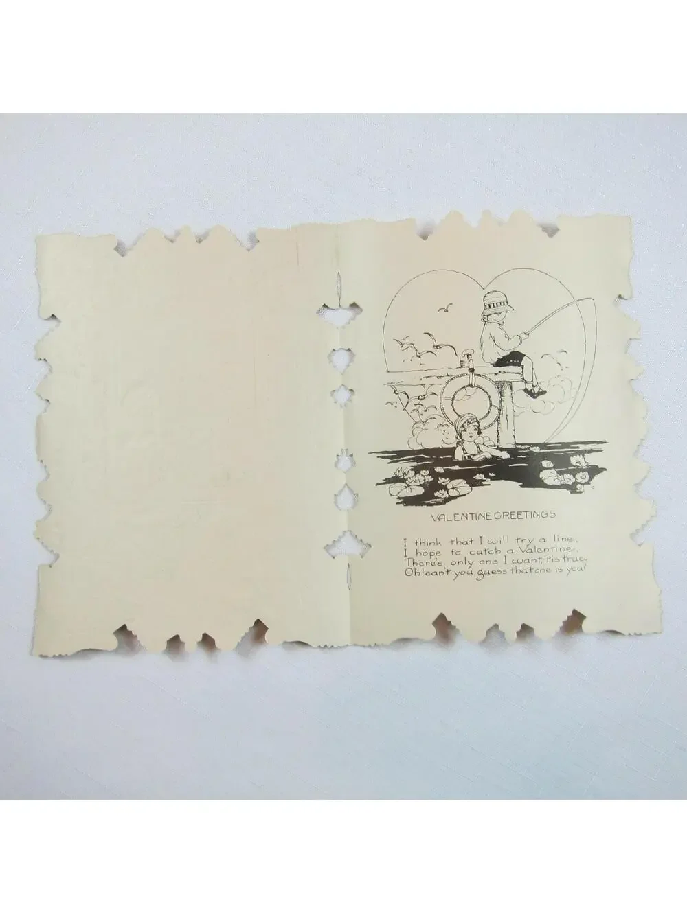 Vintage Valentine 1920s Die Cut Paper Lace XL Boy Wheelbarrow Girl & Cat Fishing